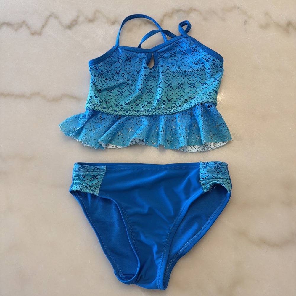 Breaking Waves Girls Blue Ombre Lace Two-Piece Swim Suit Size 6/6x New w/o Tags